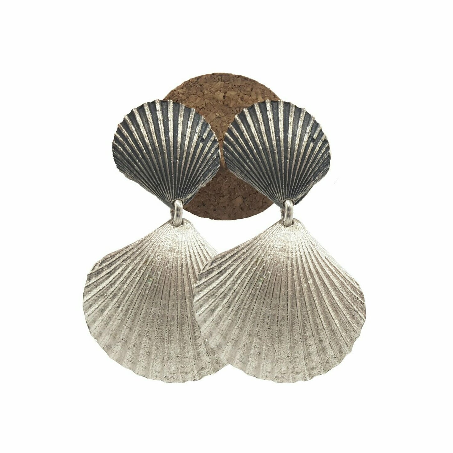 Pendientes Conchas dobles de plata - Plata oxidada y plata