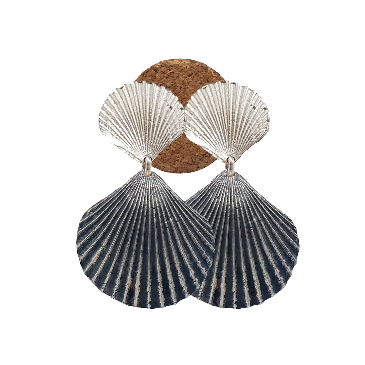 Pendientes Conchas dobles de plata - Plata oxidada y plata