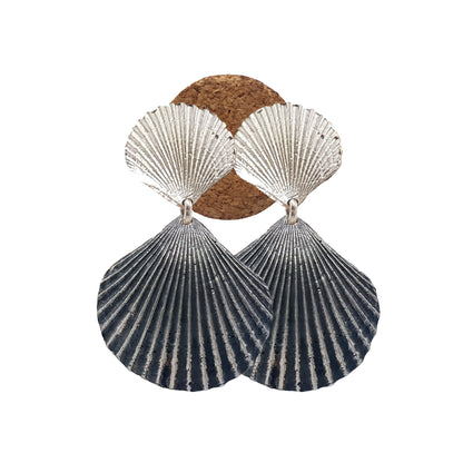Pendientes Conchas dobles de plata - Plata oxidada y plata