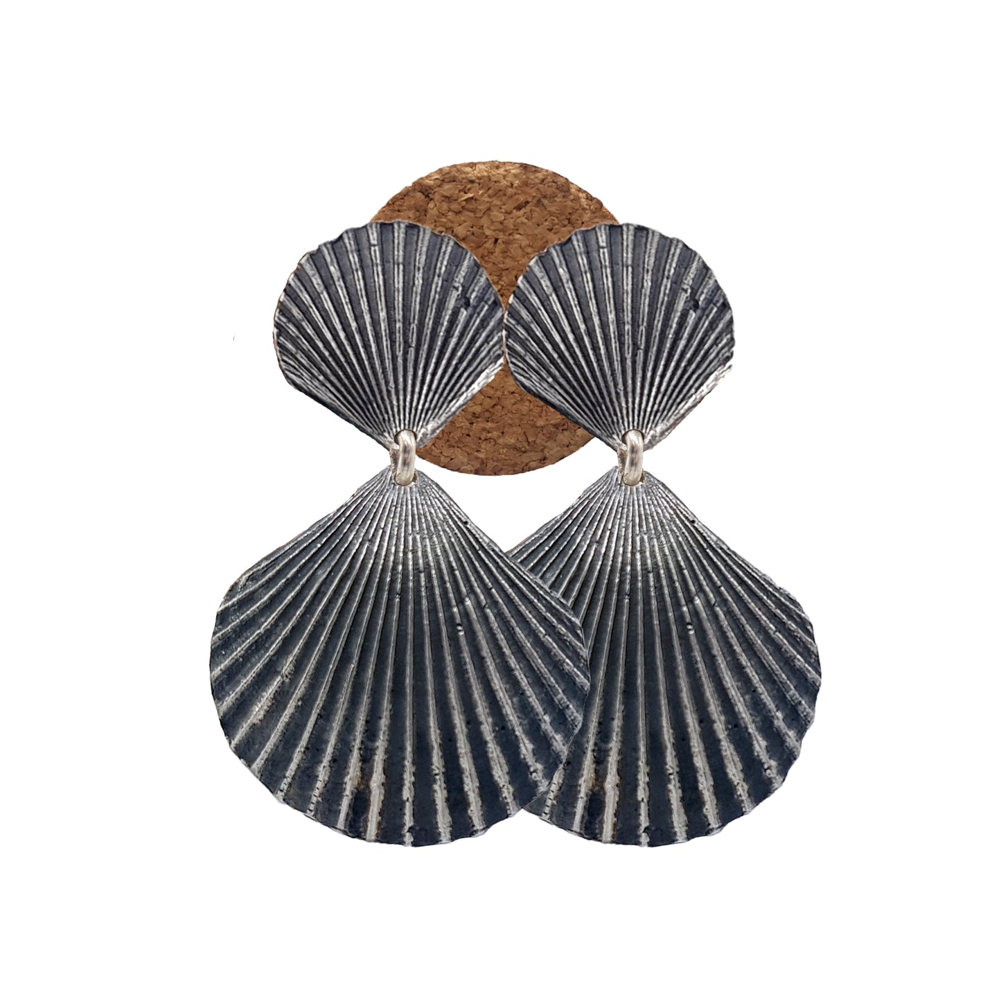 Pendientes Conchas dobles de plata - Plata oxidada y plata
