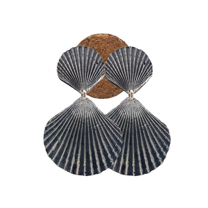 Pendientes Conchas dobles de plata - Plata oxidada y plata